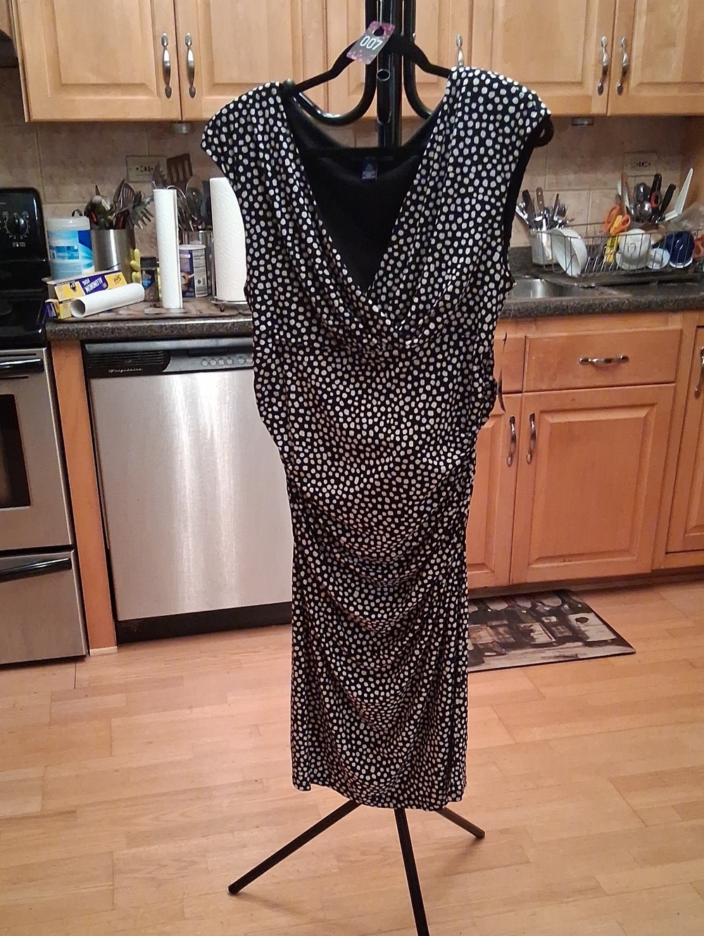 Chaps Black Polka Dot Draped V-Neck Midi Dress